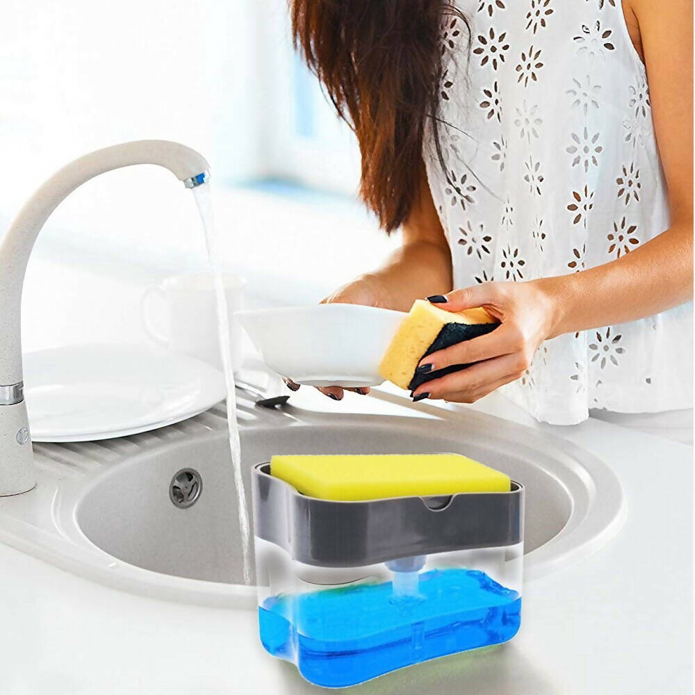 2 in 1 Soap Dispenser Push-Out Liquid Dispenser Kitchen Dishwashing Brush Scouring Pad Detergent Automatic Dispenser Kitchen Tool
