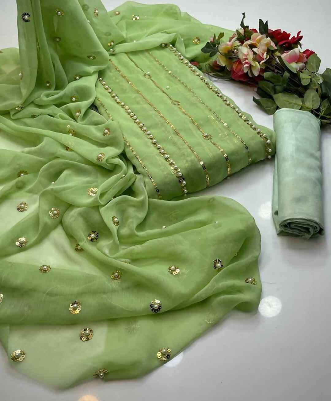 3 PC Unstitched Chiffon Shirt & Dupatta With Kathaan Trouser - ValueBox