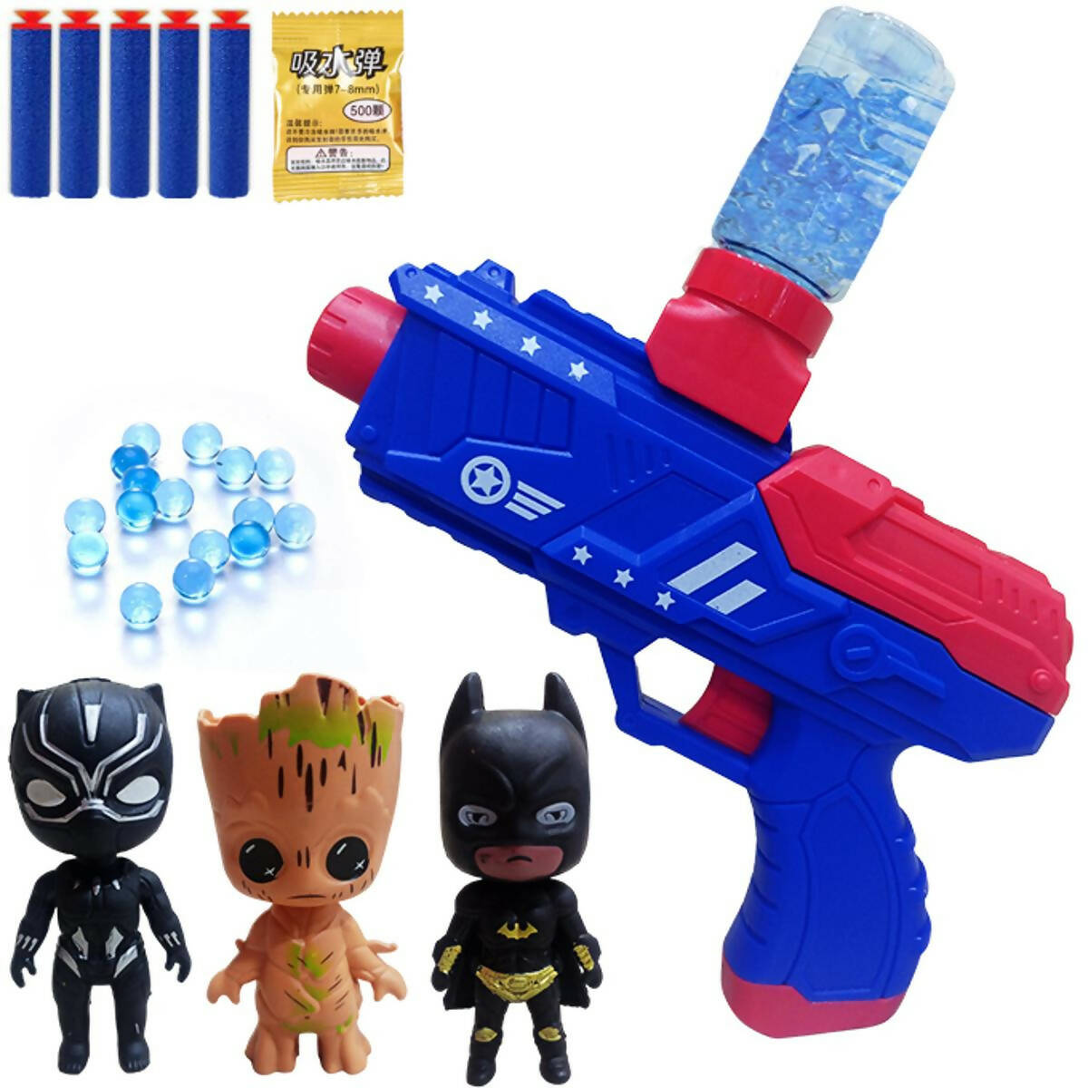 2 in 1 Captain America Manual Reload Gel Blaster and Darts Toygun WIth 3 Mini Action Figures