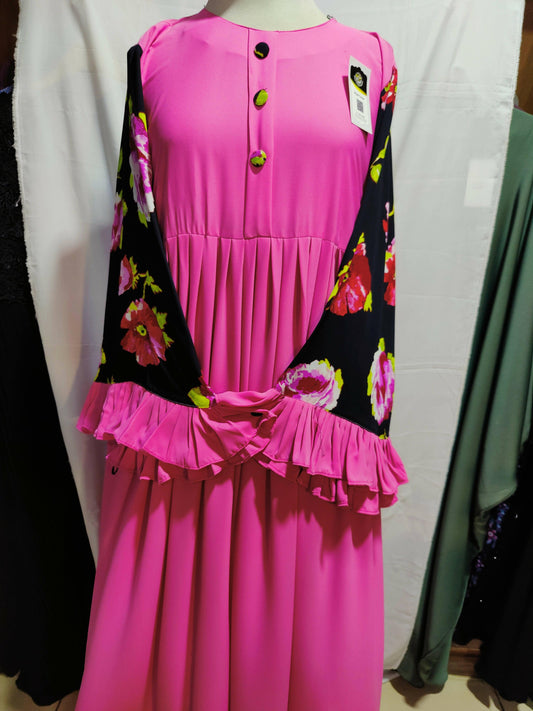 Pink floral chiffon Arabic style abaya