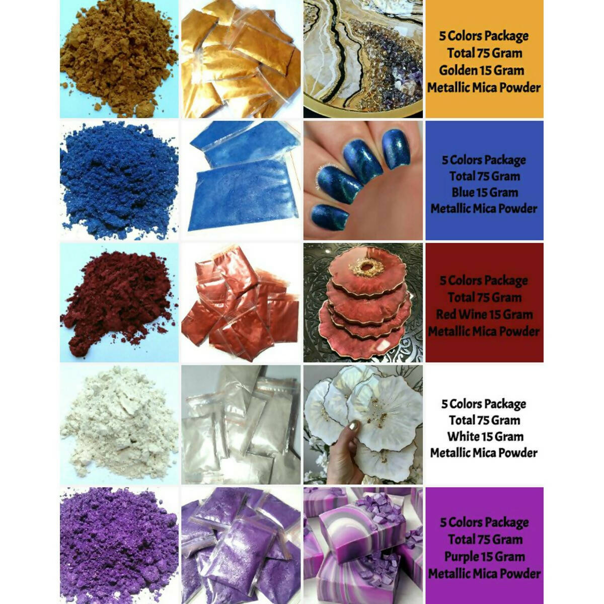 5 PCS Epoxy resin color Epoxy resin pigment powder Mica pearl pigment powder Epoxy resin colors Gold, Purple, Red, Blue & White