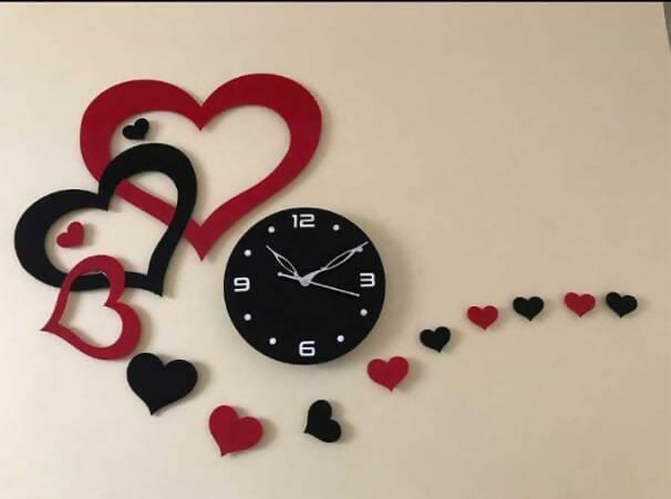 Heart Dil Dil Wooden Wall Clock Style Red and Black Heart Style Laser Cut Big and Small Dil Mix - ValueBox