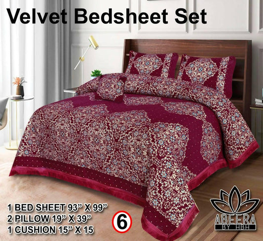 VELVET BED SHEET 5PCS SET with PILLOW & CUSHION CASE 010