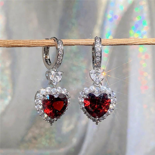 Red Garnet Heart Cubic Zirconia Wedding Earrings