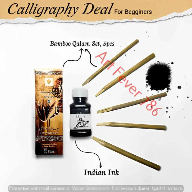 Calligraphy Kit For Beginners 5 Bamboo Hand made Qalams and Indian Ink Black - ValueBox