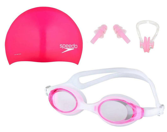 Pack of 3 - Swimming Glasses Goggles Nose Clip Ear Plug Set & Swimming Cap - ValueBox