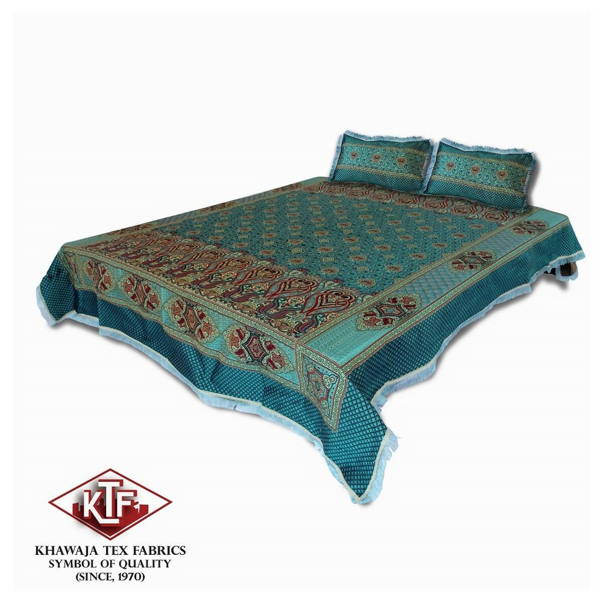 Khawaja King size doublebed sheet jacquard fancytraditional silk hand crafted bed set gultex style multani cotton polyester bed cover with 2 pillow covers A3 - ValueBox