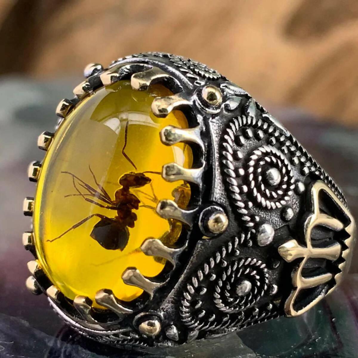 Turkish Handmade Theme Yellow oval with Ant in stone Ring For Men - ValueBox