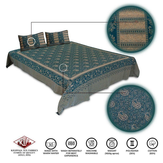 Khawaja King size double bed sheet jacquard traditional hand crafted bed set gultex style multani cotton polyester bed cover with 2 pillow covers A37 - ValueBox