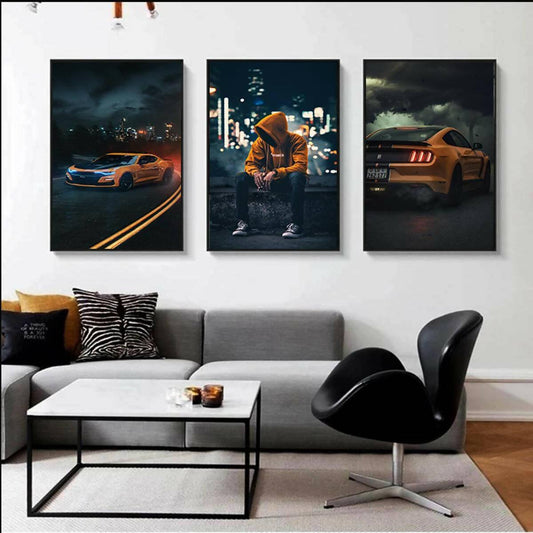 Pack of 3 Gaming Room Car Poster Wall Hanging Glass Photo Frame in Premium Glossy Photo Paper A4 8x12” size for Home Decor and Decoration Accessories