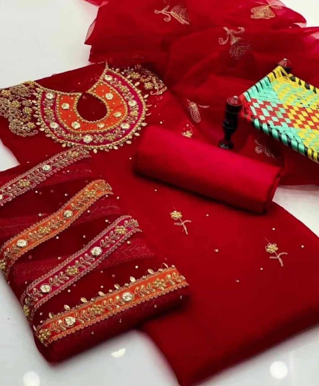 3 PC Handmade Organza Embroidered Shirt & Dupatta With Khatan Trouser - ValueBox