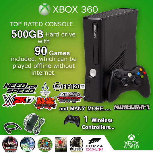 Xbox 360 Console Slim Model 500gb Jtag 90 Games included 1 Wireless Controllers - ValueBox