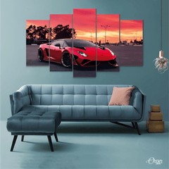Home Decor & Wall Decor Painting Red Sky And Lamborghini (5 Panels) | Car Wall Art - ValueBox