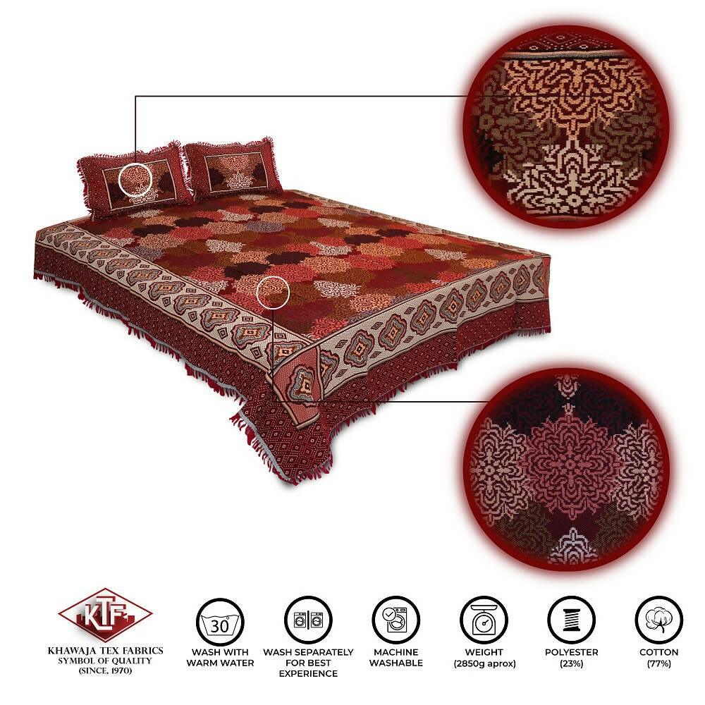 Khawaja King size double bed sheet jacquard traditional hand crafted bed set gultex style multani cotton polyester bed cover with 2 pillow covers A11 - ValueBox