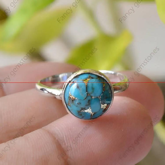 Blue Copper Turquoise Ring - Blue Copper 10 mm Round Gemstone Silver Ring - Handmade Ring - Sterling Silver - ValueBox