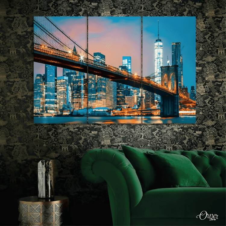 Illuminated Brooklyn Bridge (3 Panels) | Architecture Wall Art - ValueBox