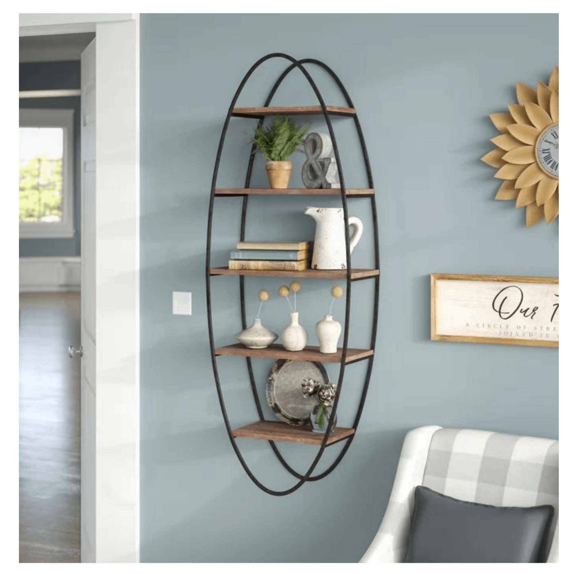 5 Piece Oval Accent Shelf, Accent Shelf Hanging Book Shelves for Living Room, Bedroom, Office, Burned Finish Display Shelves (Black) - ValueBox
