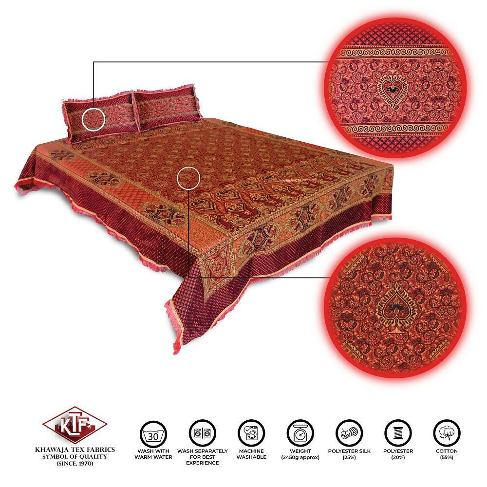 Khawaja King size double bed sheet jacquard traditional hand crafted bed set gultex style multani cotton polyester bed cover with 2 pillow covers A20 - ValueBox