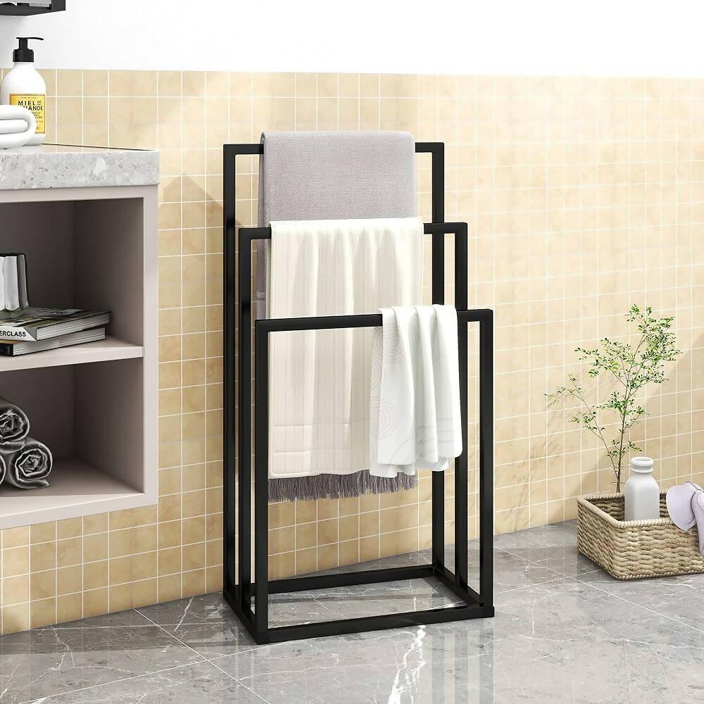 Metal Towel Bathroom Rack 3 Bars Freestanding Drying Shelf 3 Tier Storage Organizer Brown Washcloths Holder (Black) - ValueBox