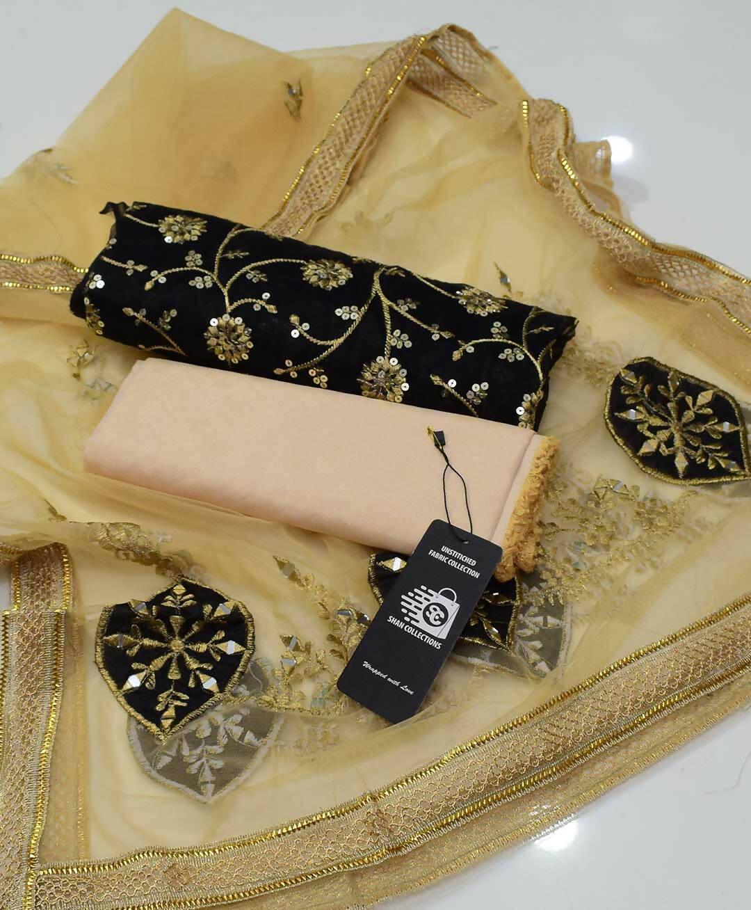 3 PC Unstitched Organza Shirt & Net Dupatta With Masoori Trouser - ValueBox