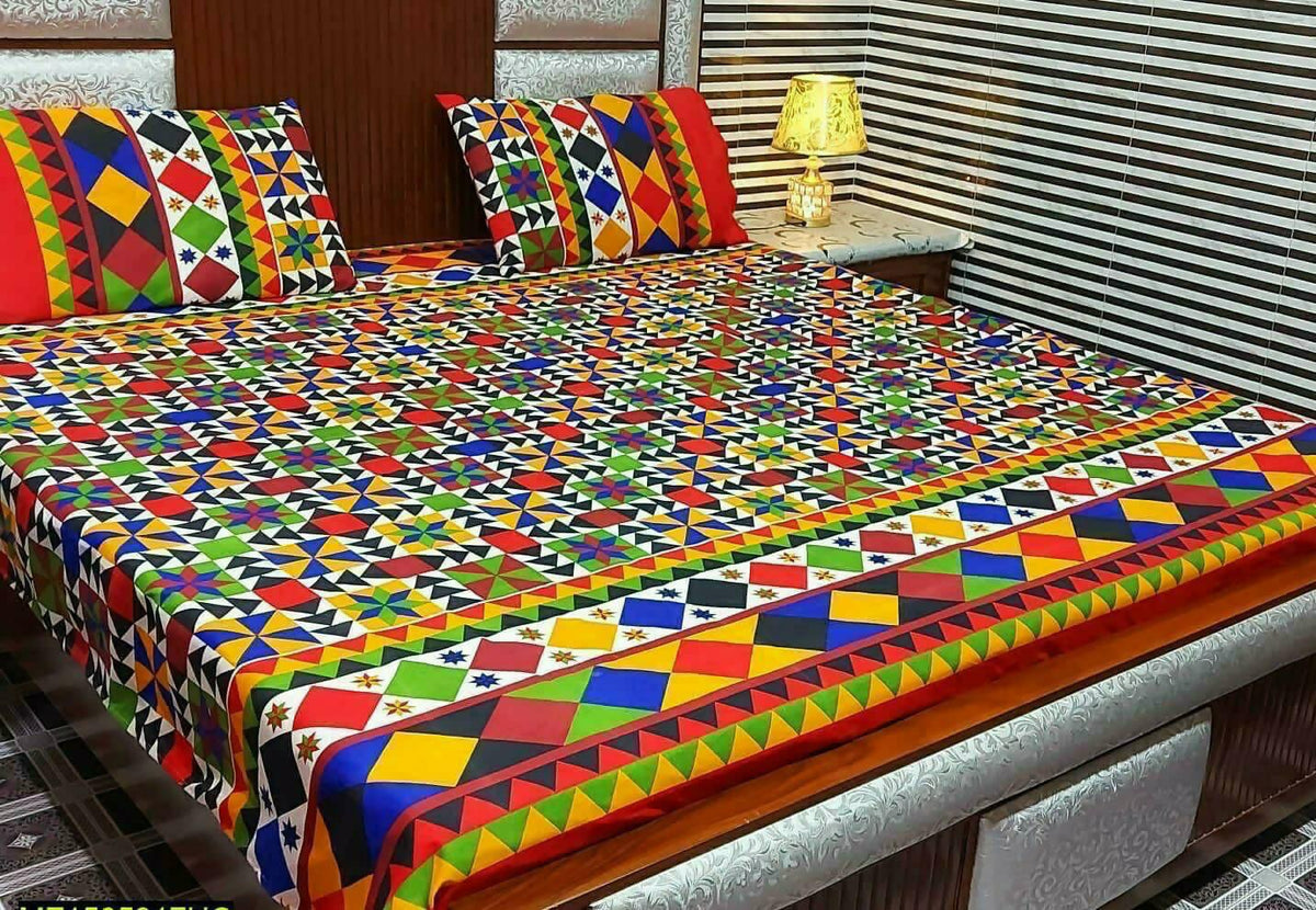 3 Pcs Cotton Printed Double Bedsheet - ValueBox