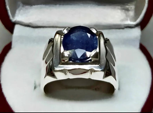 Natural Blue Sapphire Gemstone With 925 Sterling Silver Ring For Men's - ValueBox