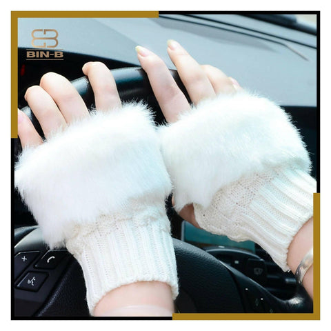 Fashion Women Faux Rebbit Fur Hand Wrist Warmer Winter Fingerless Knitted Gloves - ValueBox