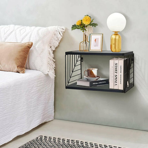 Night Stand Unistyle Floating- Modern Black Wall Mounted Nightstand 2 Tier Floating Wall Shelf Floating Shelves - ValueBox