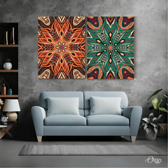 Green & Orange Mandala Artwork (2 Panels) | Mandala Wall Art - ValueBox