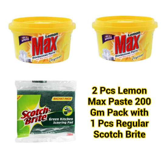 Lemon Max Dishwashing Paste Lemon 200 gm Pack 2 Pcs With Scotch Brite Sponge 1 Pcs.