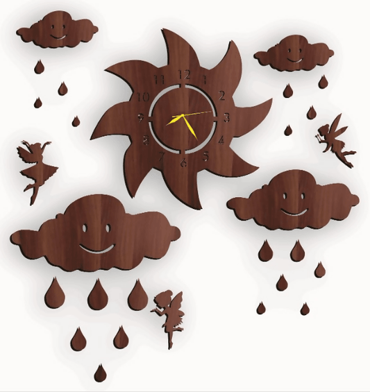 Wall Clock With Clouds Rain Drops and Fairy Wooden Laser Cut 3D Fairy Wall Clock