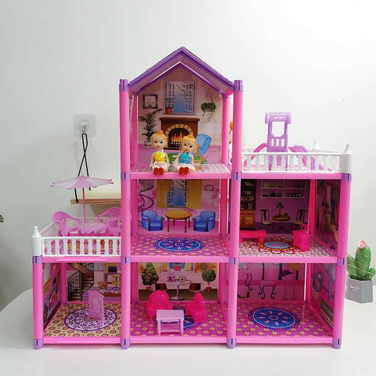 Holiday Villa Three Storey Pink Doll House For Girls - 129 pcs - 24 inches