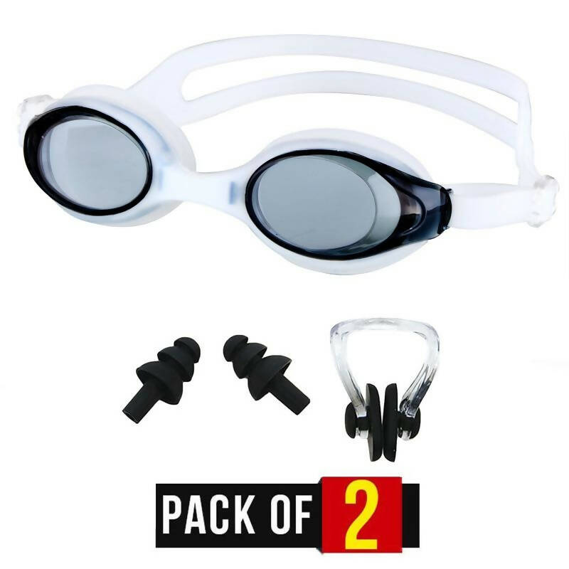 Pack of 2 - Swimming Glasses Goggles Silicone Anti-Fog Nose Clip Ear Plug Set with Free Protective Case