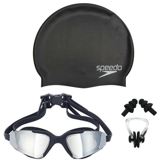 Set of 3 - Swimming Glasses-proof Anti-fog UV Protection Nose Clip Ear Plug Set & Cap