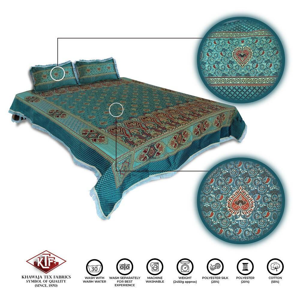 Khawaja King size doublebed sheet jacquard fancytraditional silk hand crafted bed set gultex style multani cotton polyester bed cover with 2 pillow covers A3 - ValueBox