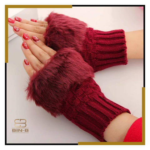 Faux Rebbit Furr Hand Wrist Warmer Winter Fingerless Knitted Gloves - ValueBox