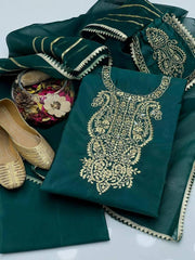 3 pcs Kathan Silk Tilla Mirror Work Embroidery Shirt with plain kathan silk Trouser with organza Gotta Dupatta ( KHUSSA + POUCH FREE ) - ValueBox