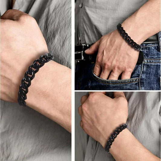 Solid Metal Stainless Steel Curb Chains Bracelet For Men Flat Cuban Link Black Color