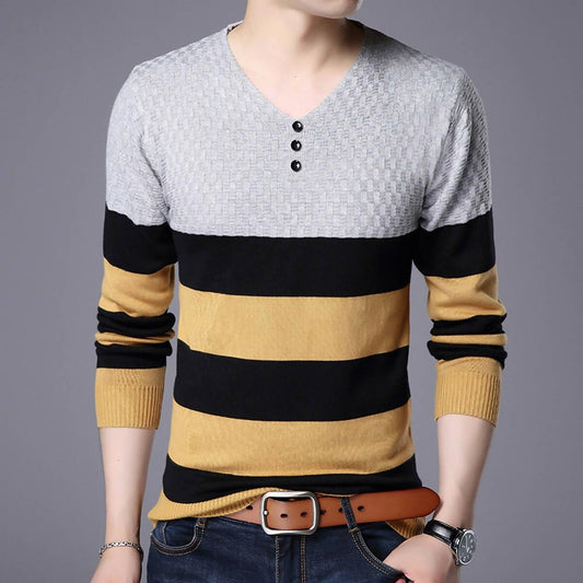 Men Knitted Thin Sweater Striped Pattern Pullovers Casual Knitwear Jumpers Full Long Sleeve T-shirt