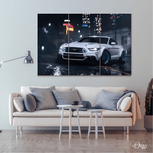 Home Decor & Wall Decor Painting White Ford Mustang In the Rain | NFS Heat (3 Panels) | Car Wall Art - ValueBox
