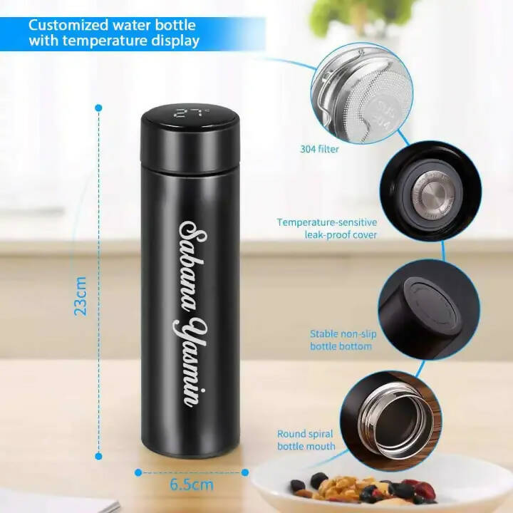 Customize With Your Name Smart LED Temperature Water Bottle 500ml | Stainless Steel Hot & Cold Bottles with Vacuum Thermos Flask