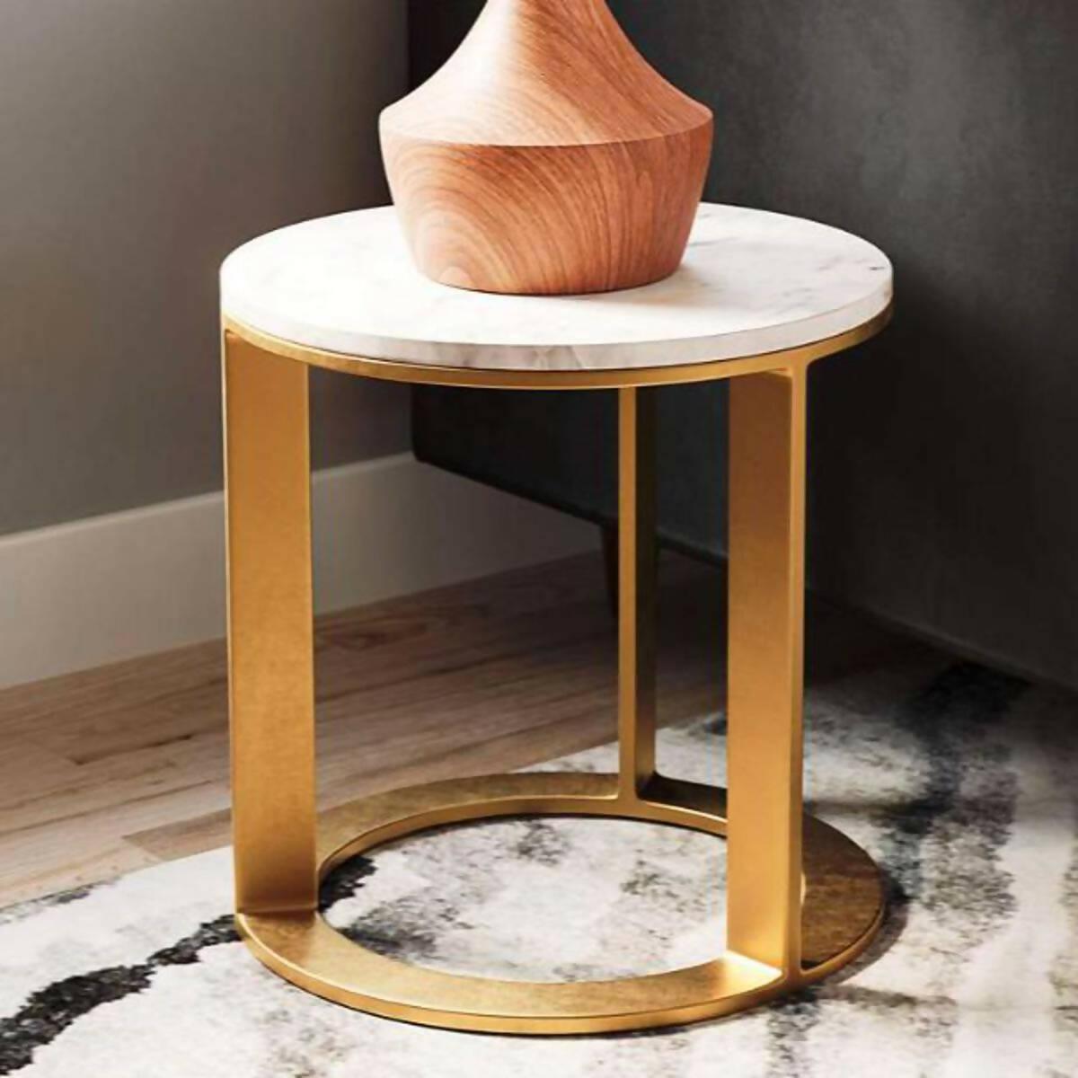 Decore To Adore Customize One Piece 18″ Wide White Marble Wood & Gold Metal Side Table, Tabletop Industrial Storage Shelf - ValueBox