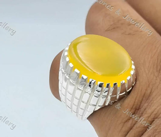 Yemeni Yellow Aqeeq , Agate Handmade Sterling Silver Ring Mens Jewelry Real Gemstone Rings - ValueBox