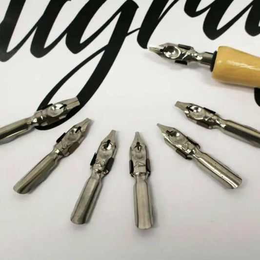 8 Pcs Set 7 Calligraphy Dip Pen Set Nibs, 1 Lacquered Wooden Handle and 1 Plastic Case for Nibs Suitable for All Calligraphic Writing Styles