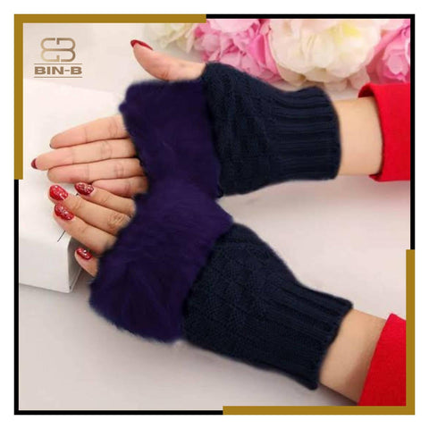 Fashion Women Faux Rebbit Fur Hand Wrist Warmer Winter Fingerless Knitted Gloves - ValueBox