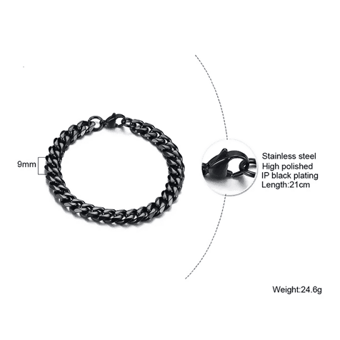 Solid Metal Stainless Steel Curb Chains Bracelet For Men Flat Cuban Link Black Color