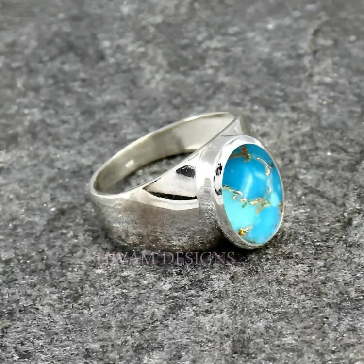 925k Sterling Silver Ring Jewelry, Blue Copper Turquoise Men Ring,Mens Handmade Ring - ValueBox