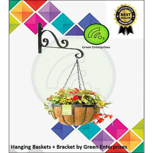 Hanging Basket Iron Frame Planter (Coco Liner inside ) with Wall hanging Iron bracket for Home, Garden, Patio, Balcony Decor - ValueBox