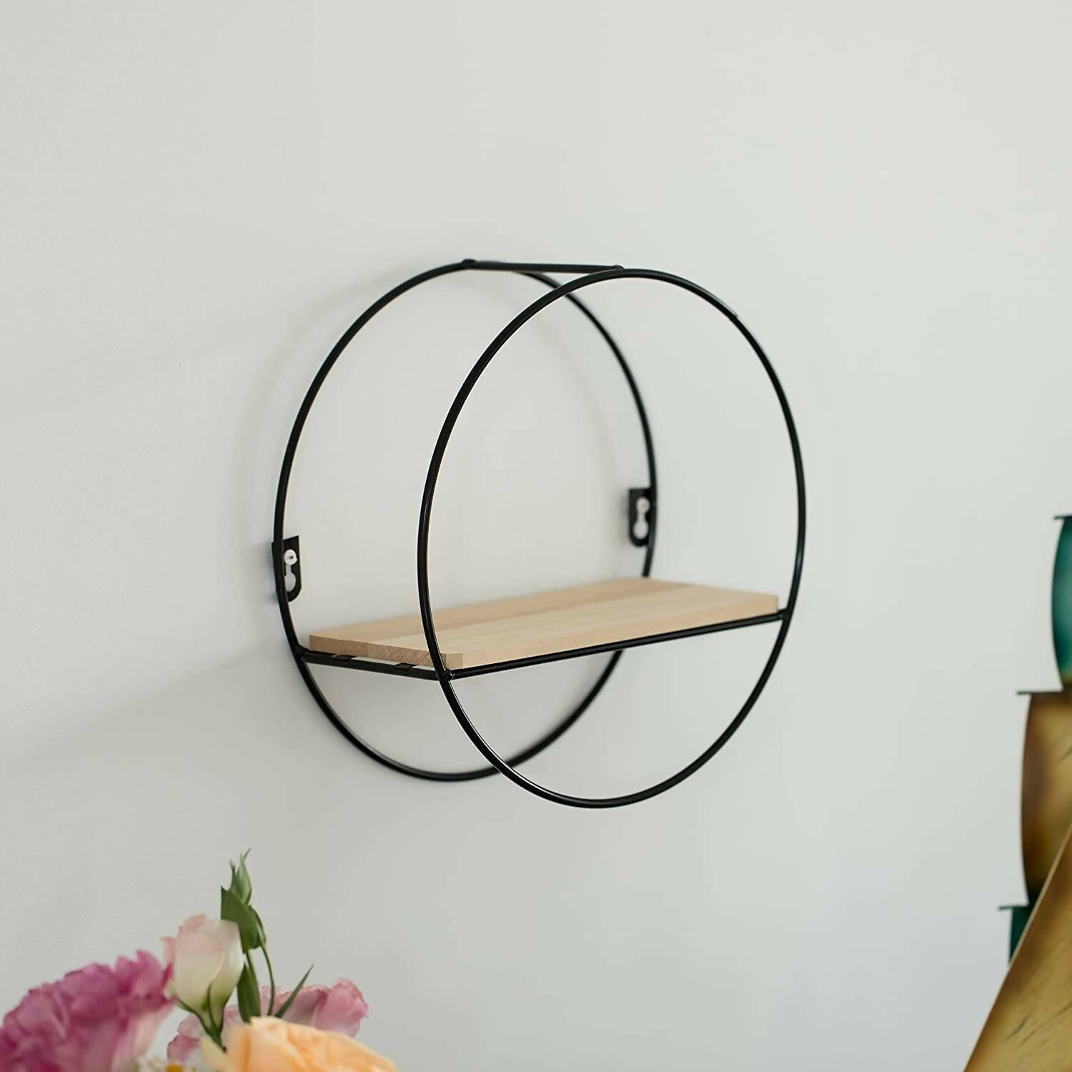 Decorative Modern Round Accent Floating Shelf Circle Decor Display Wall Mounted Rack With Metal Frame and Pine Wood Shelf, Black Customized by Creative Decore - ValueBox