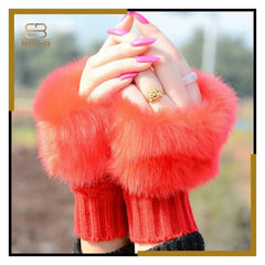 Faux Rebbit Furr Hand Wrist Warmer Winter Fingerless Knitted Gloves